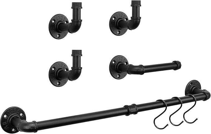 NearMoon 5-Pieces Industrial Pipe Bathroom Hardware Set, Include Towel Bar, Toilet Paper Holder and 3 Robe Hooks, Heavy Duty DIY Style Wall Mounted Rustic Decor Accessories Kit (Black, 24 Inch)