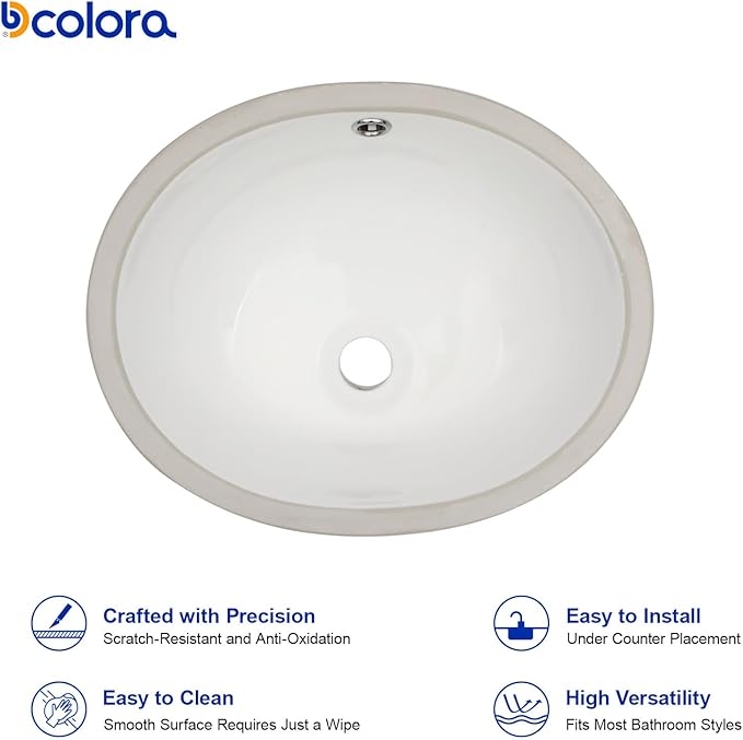 Dcolora 15 In. Oval Undermount Bathroom Sink, Ceramic Porcelain Under Counter Sink Basin for Vanity Tops, Smooth Oval Design with Clean Edge for Modern Bathrooms, 13"D x 15"W x 8"H