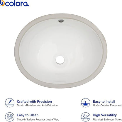 Dcolora 15 In. Oval Undermount Bathroom Sink, Ceramic Porcelain Under Counter Sink Basin for Vanity Tops, Smooth Oval Design with Clean Edge for Modern Bathrooms, 13"D x 15"W x 8"H
