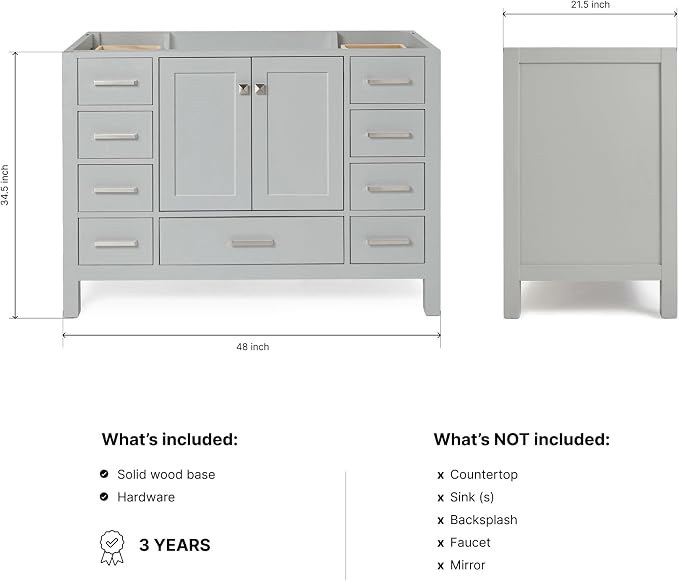ARIEL Cambridge 48-inch Bathroom Vanity Base Cabinet,Solid Wood, 2 Soft Closing Doors, 9 Dovetail Drawers, Grey