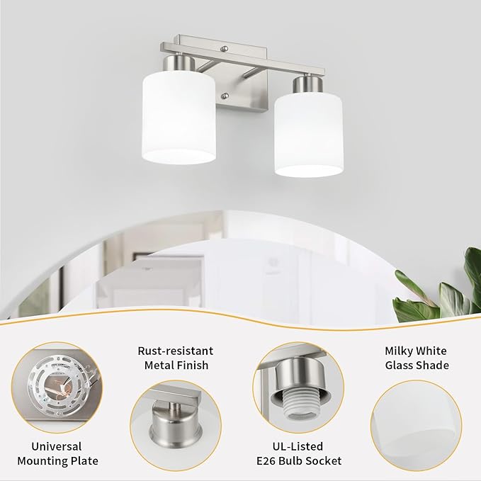WILON Bathroom Vanity Lights, 2-Light Modern Vanity Light, Brushed Nickel Bathroom Lighting Fixture Over Mirror, Wall Sconce Light Over Kitchen Sink, Wall Lamps for Living Room Bedroom