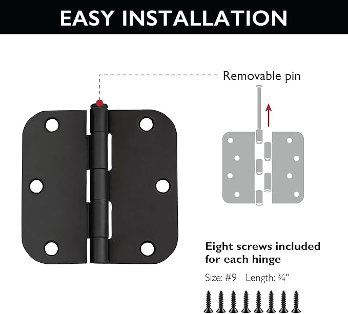 Design House Door Hinge, 3.5 in x 3.5 in, 5/8 in Radius, Interior, Rounded Steel, Removable Pin, Pre-Lubricated, Easy to Install, Matte Black Finish, 9 Pack, 191148