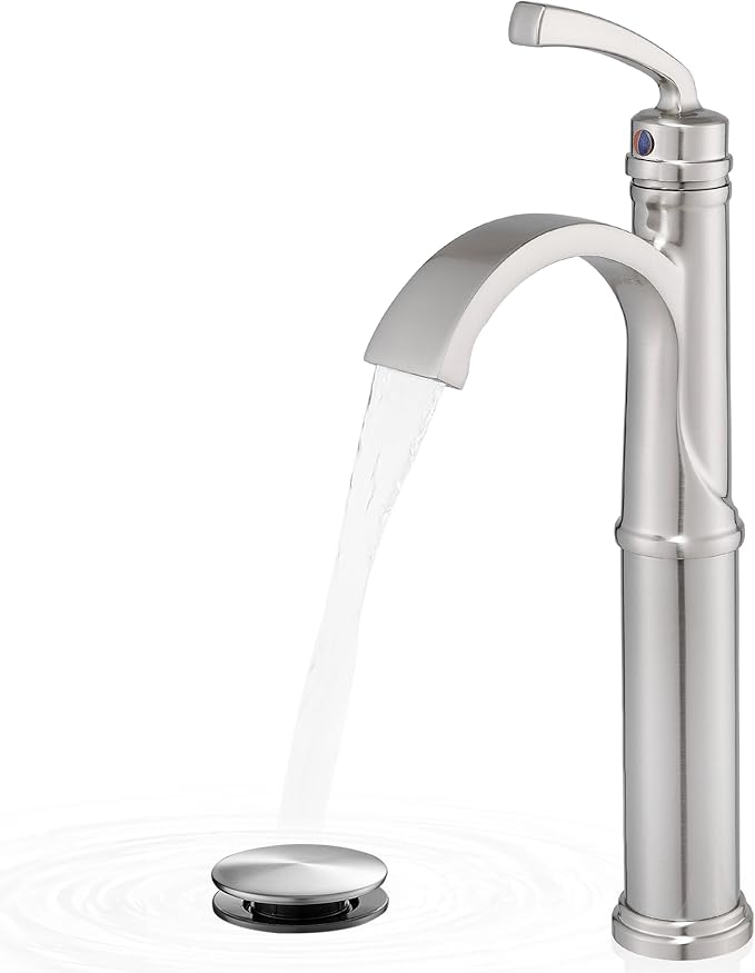 Bathroom Vessel Sink Faucet Brushed Nickel, Brass Tall Waterfall Bathroom Faucet 1 Hole Bathroom Sink Faucet Single Handle Bathroom Faucets with Water Lines Pop-Up Drain