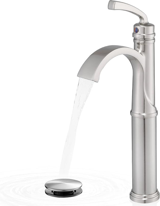 Bathroom Vessel Sink Faucet Brushed Nickel, Brass Tall Waterfall Bathroom Faucet 1 Hole Bathroom Sink Faucet Single Handle Bathroom Faucets with Water Lines Pop-Up Drain