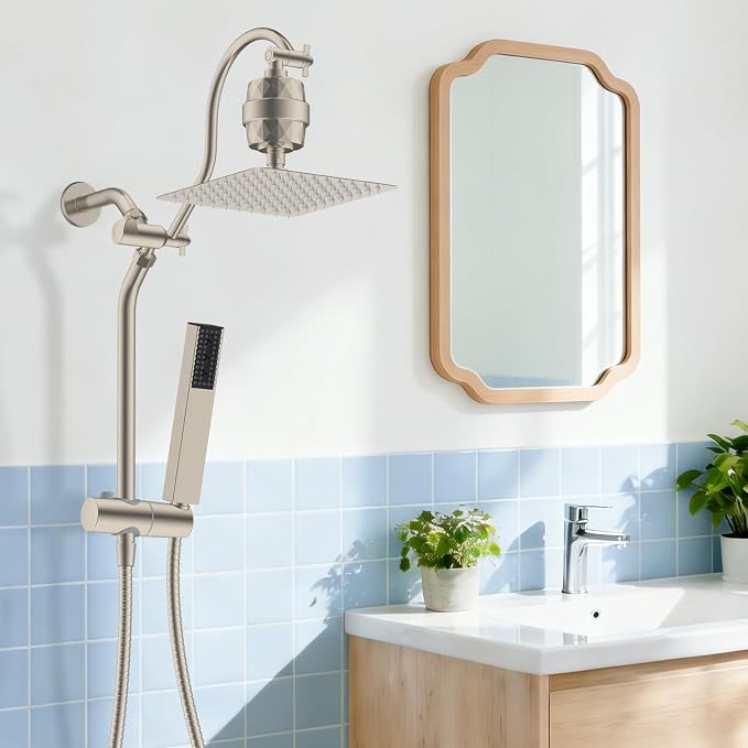 Hibbent 10'' Filtered Showerhead with 4-mode Handheld Spray, Brushed Nickel | High Pressure Showerhead Combo, 12'' Adjustable Extension Arm, Shower Filter, Extension Bar, Easy Reach Holder, 71'' Hose