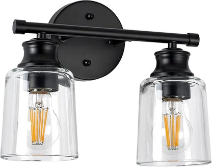 Bathroom Light Fixtures Over Mirror, 2 Lights Vanity Lights with Clear Glass Shade, 12.1" Matte Black Farmhouse Bathroom Wall Light Fixtures for Bedroom, Porch, Hotel, Mirror Cabinet
