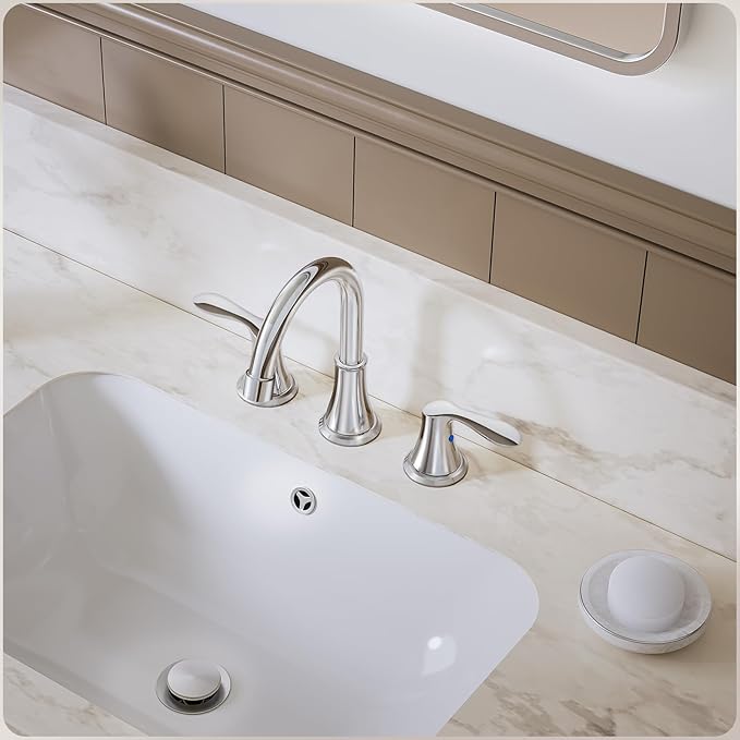 Phiestina Widespread 8 Inch 3 Holes Bathroom Faucet，2 Handles Chrome Modern Bathroom Sink Faucet with Metal Pop-Up Drain & Water Supply Lines, WFTY36-C