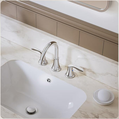 Phiestina Widespread 8 Inch 3 Holes Bathroom Faucet，2 Handles Chrome Modern Bathroom Sink Faucet with Metal Pop-Up Drain & Water Supply Lines, WFTY36-C