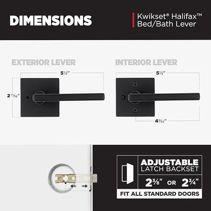 Kwikset Halifax Interior Privacy Door Handle with Lock, Door Lever For Bathroom and Bedroom, Matte Black Reversible Keyless Push Button Lock Door Lever, with Microban Protection, Square Rose