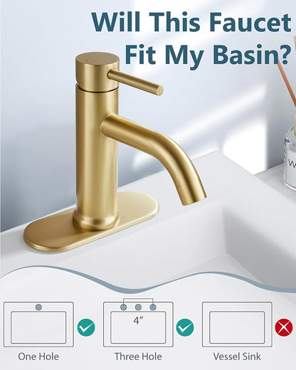 Aolemi Bathroom Faucet Single Hole,Single Handle Bathroom Sink Faucet with Supply Lines,with Pop Up Drain Assembly and Deck Plate,Brushed Gold
