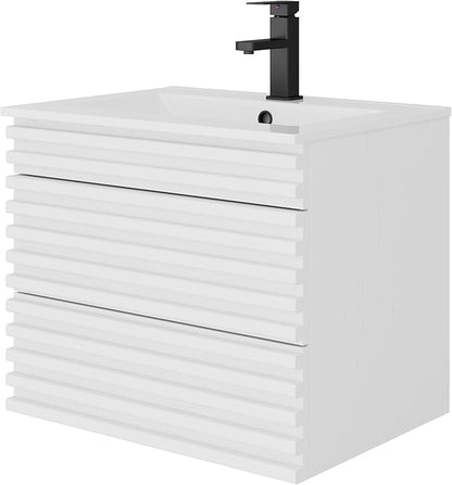 LUCKWIND 24" Floating Bathroom Vanity with Sink, Mid-Century Wall Mounted Big Drawer Cabinet with Ceramic Sink, Water Saving Faucet and Wood Stripes Style, White