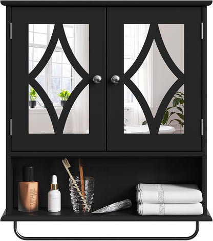 Vanity Wall Mounted Storage Cabinet with Adjustable Shelves and Towel Bar, Bathroom Medicine Cabinet with Mirror, Hanging Wall Cabinet for Bathroom, Laundry, Living Room, Black