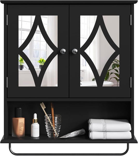 Vanity Wall Mounted Storage Cabinet with Adjustable Shelves and Towel Bar, Bathroom Medicine Cabinet with Mirror, Hanging Wall Cabinet for Bathroom, Laundry, Living Room, Black