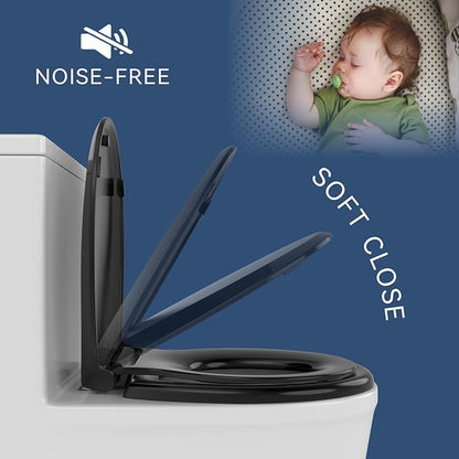 Round Toddler Toilet Seat Adult/Child,Built-In Potty Training Seat, Soft Quiet Close Non-Slip Seat,Magnetic Kids Seat and Cover,Black