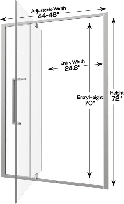 44-48" W x 72" H Semi-Frameless Pivot Swing Shower Doors, Chrome Finish | 1/4" (6mm) Clear SGCC Tempered Glass with a 24.8" walk-in opening, Reversible Installation, Magnetic Closing