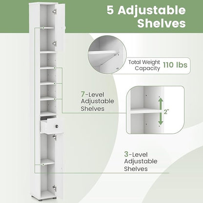Tangkula Tall Slim Bathroom Storage Cabinet, 71" Freestanding Bathroom Cabinet w/ 2 Doors, 1 Drawer & 5 Adjustable Shelves, Floor Narrow Tower Cabinet for Small Spaces, 8" x 8" x 71" (White)