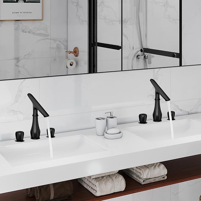 Black Bathroom Faucet 3 Hole, 8 inch Widespread Bathroom Sink Faucet with Adjustable Spout, Solid Brass Modern Faucet for Bathroom Sink with Supply Hoses and 2 Handles