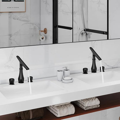 Black Bathroom Faucet 3 Hole, 8 inch Widespread Bathroom Sink Faucet with Adjustable Spout, Solid Brass Modern Faucet for Bathroom Sink with Supply Hoses and 2 Handles