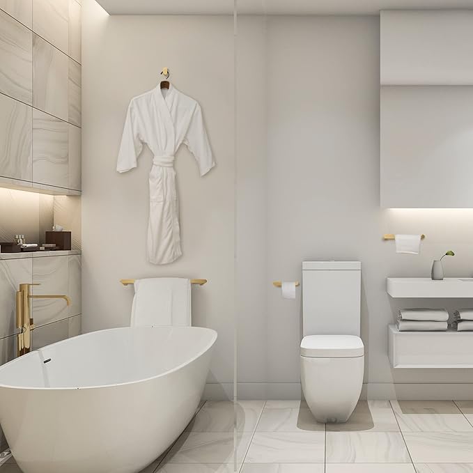 Globe Electric 63000011 4-Piece Bathroom Hardware Accessory Kit, Matte Brass, Towel Bar, Toilet Paper Holder, Towel Ring, Robe Hook, Home Decor, Bathroom Set, Kitchen Décor, Design Essentials