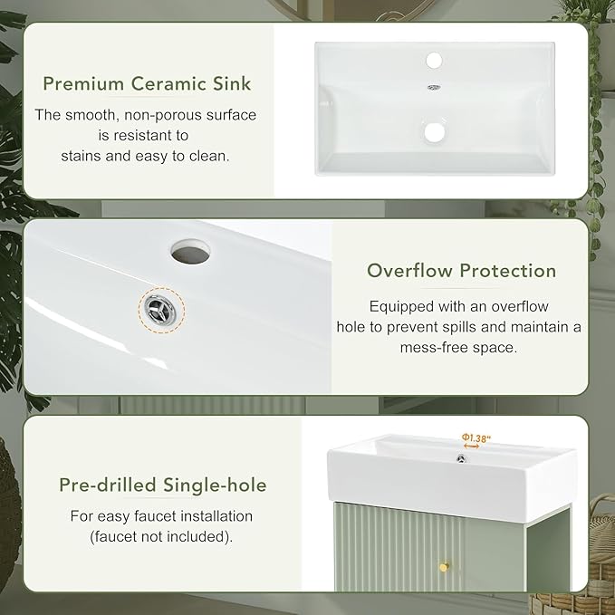 21.6 in Floating Bathroom Vanity with Sink,Soft Closing Doors,Solid Wood Frame & MDF Modern Single Small Green Bathroom Vanity Cabinet with Open Shelf,Wall Mounted