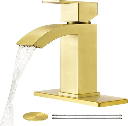 CREA Gold Waterfall Bathroom Faucet Single Hole,Brushed Gold Faucet for Bathroom Vanity Single Handle Bathroom Sink Faucet 1 Hole,Stainless Steel Utility Sink Faucet for RV Bar Lavatory(Pop Up Drain)