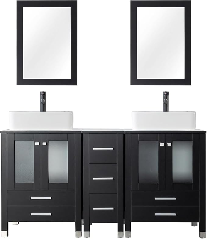 LUCKWIND 60" Double 24" Bathroom Vanity with Sink Combo, Elegant Series with One 12.6-in Side Cabinet, Painted Frame, Including Black Line Rectangle Sinks, Faucets Without Mirrors, Black