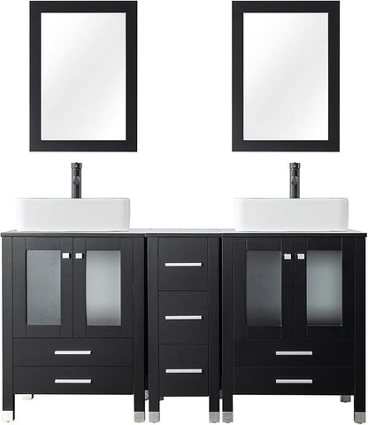 LUCKWIND 60" Double 24" Bathroom Vanity with Sink Combo, Elegant Series with One 12.6-in Side Cabinet, Painted Frame, Including Black Line Rectangle Sinks, Faucets Without Mirrors, Black