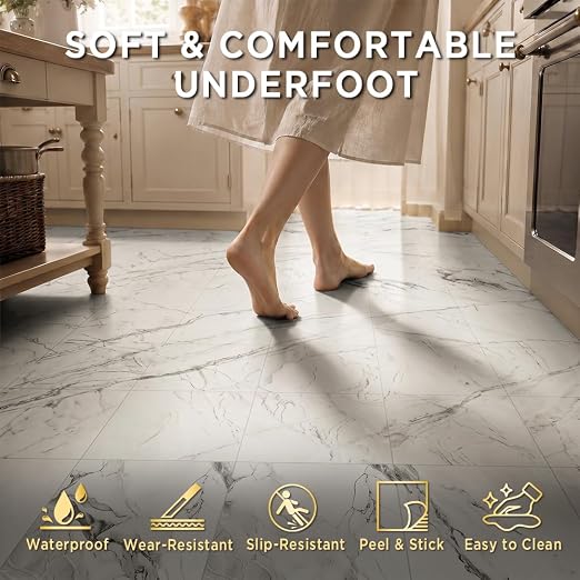 Marble Grain 12x12 Inch Peel and Stick Floor Tile, Ink Vein Marble, 10 PCS | NO Grout, NO Mess, For Kitchen Backsplash, Bathroom Update, Non-Slip & Scratch-Resistant