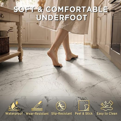 Marble Grain 12x12 Inch Peel and Stick Floor Tile, Ink Vein Marble, 10 PCS | NO Grout, NO Mess, For Kitchen Backsplash, Bathroom Update, Non-Slip & Scratch-Resistant