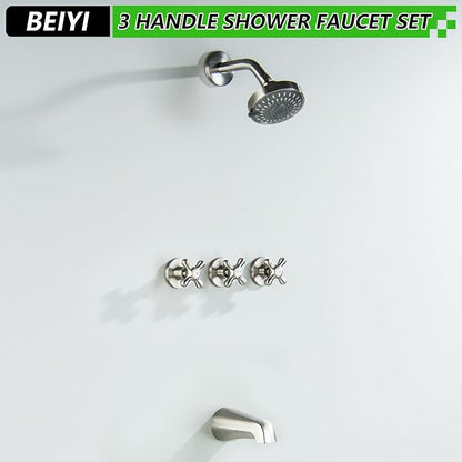 3 Handle Shower Faucet Set with Tub Spout Brushed Nickel Tub and Shower Trim Kit Bathtub Shower Faucets Completes Three Knob