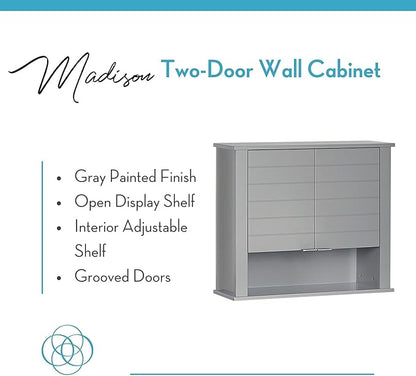 RiverRidge Madison Two-Door Over The Toilet Storage Cabinet Gray Wall Mounted Medicine Cabinet with Adjustable Shelves, Modern Flat Handles & Horizontal Grooved Aesthetic