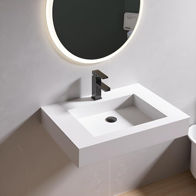 30 inch Wall Mount Floating Vanity with Sink | Bathroom Vessel Sink Rectangle Modern Stone Resin White Washing Sink Art Basin for Bathroom AFS140-750