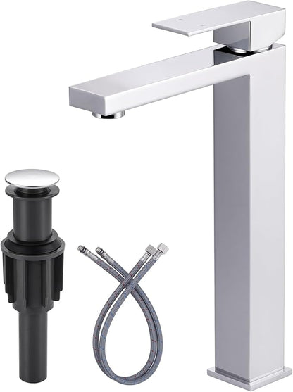 ARCORA Vessel Sink Faucet Chrome: Single Handle Tall Bathroom Faucet, Single Hole Lavatory Vanity Mixer Bar Tap with Pop Up Drain and Faucet Supply Lines