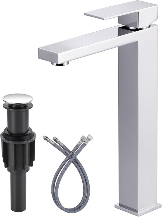 ARCORA Vessel Sink Faucet Chrome: Single Handle Tall Bathroom Faucet, Single Hole Lavatory Vanity Mixer Bar Tap with Pop Up Drain and Faucet Supply Lines