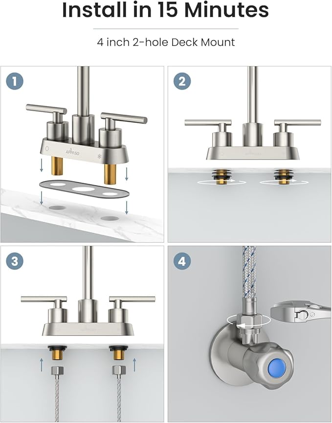 APPASO Bar Sink Faucet 4 Inch Centerset, 2 Hole Brushed Nickel with Dual Handles, 2 Handle Bathroom Faucet Small, Stainless Steel for Wet Bar Bathroom Utility Laundry Room Sink 2-Hole or 3 Holes