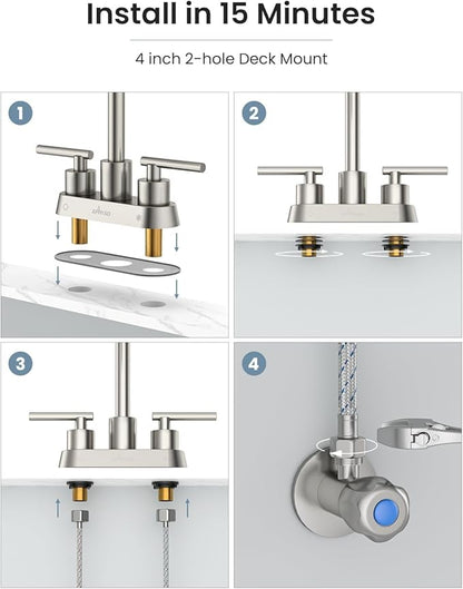 APPASO Bar Sink Faucet 4 Inch Centerset, 2 Hole Brushed Nickel with Dual Handles, 2 Handle Bathroom Faucet Small, Stainless Steel for Wet Bar Bathroom Utility Laundry Room Sink 2-Hole or 3 Holes