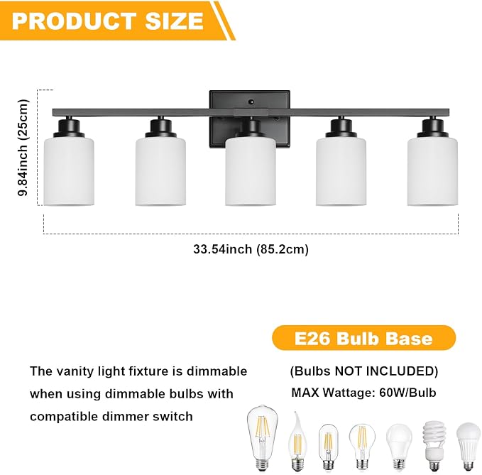 Unicozin 5-Light Bathroom Light Fixtures, Modern Black Vanity Light Over Mirror, Wall Sconces with Milky White Glass Shades for Living Room Bedroom Hallway E26 Base