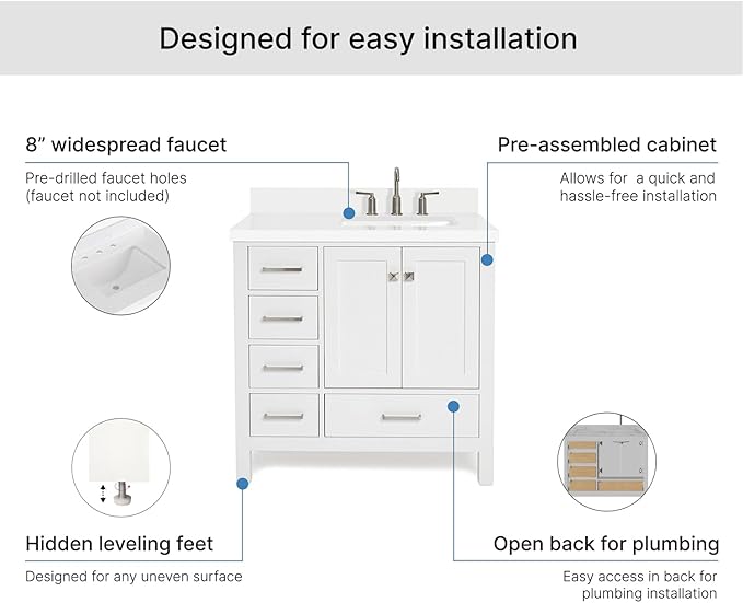 ARIEL Cambridge 36-inch Bathroom Vanity with Sink,Solid Wood, 1.5-inch Pure White Quartz Countertop & Backsplash, Single Rectangular Porcelain Sink, 2 Soft Closing Doors, 5 Dovetail Drawers, White