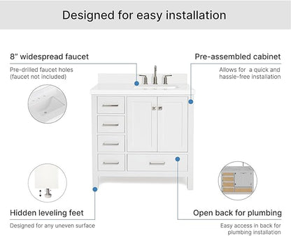 ARIEL Cambridge 36-inch Bathroom Vanity with Sink,Solid Wood, 1.5-inch Pure White Quartz Countertop & Backsplash, Single Rectangular Porcelain Sink, 2 Soft Closing Doors, 5 Dovetail Drawers, White