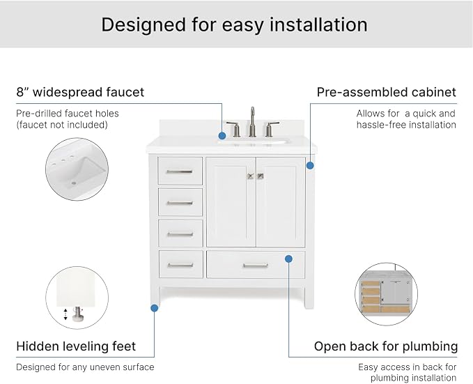 ARIEL Cambridge 36-inch Bathroom Vanity with Sink,Solid Wood, 1.5-inch Pure White Quartz Countertop & Backsplash, Single Rectangular Porcelain Sink, 2 Soft Closing Doors, 5 Dovetail Drawers, White
