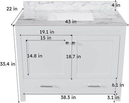 Montary 42" Bathroom Vanity with 43" Sintered Stone Carrara White Top, Modern Stylish MDF Bathroom Storage Cabinet, Vanity Set with 2 Doors and One Large Divided Drawer, White (Three Holes)