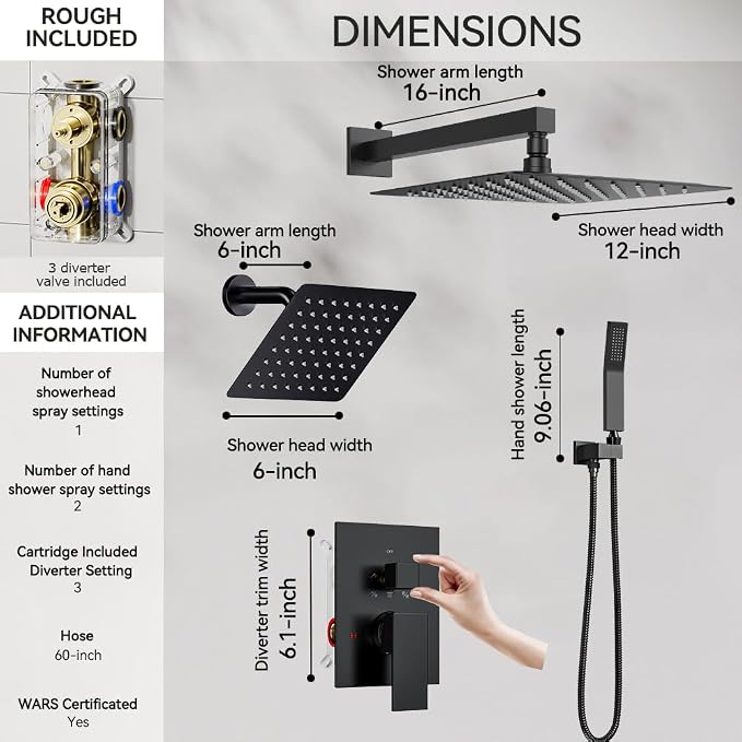 Shower System Shower Faucet Set, STARBATH 12"+6" Wall Mount Rain Shower Head and Handheld Spray for Two Person, Rainfall Shower System with Diverter Valve and Trim Kit Complete,Matte Black