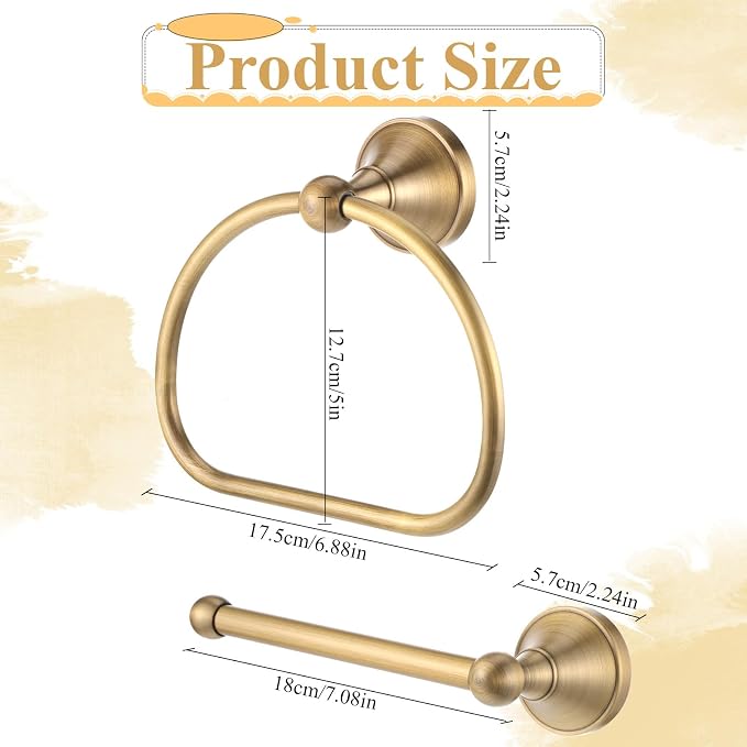 2 Pieces Antique Hand Towel Holder and Toilet Paper Holder Set, Brass Towel Ring, Tissue Roll Hanger, Retro Brass Hand Towels Ring, Wall Mount Bathroom Hardware