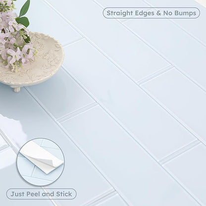 Peel and Stick Glass Subway Tiles, Light Blue, 3x12 Inch, Glass Backsplash for Kitchen Bathroom Wall Tiles, Pack of 20 Pieces