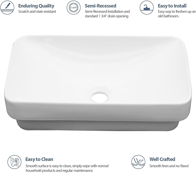 Lordear Vessel Sink Bathroom Semi Recessed Sink 19 x 12 Inch Rectangular White Ceramic Vessel Sink Modern Vanity Sink Bath Wash Sinks Bowl Above Counter Basin