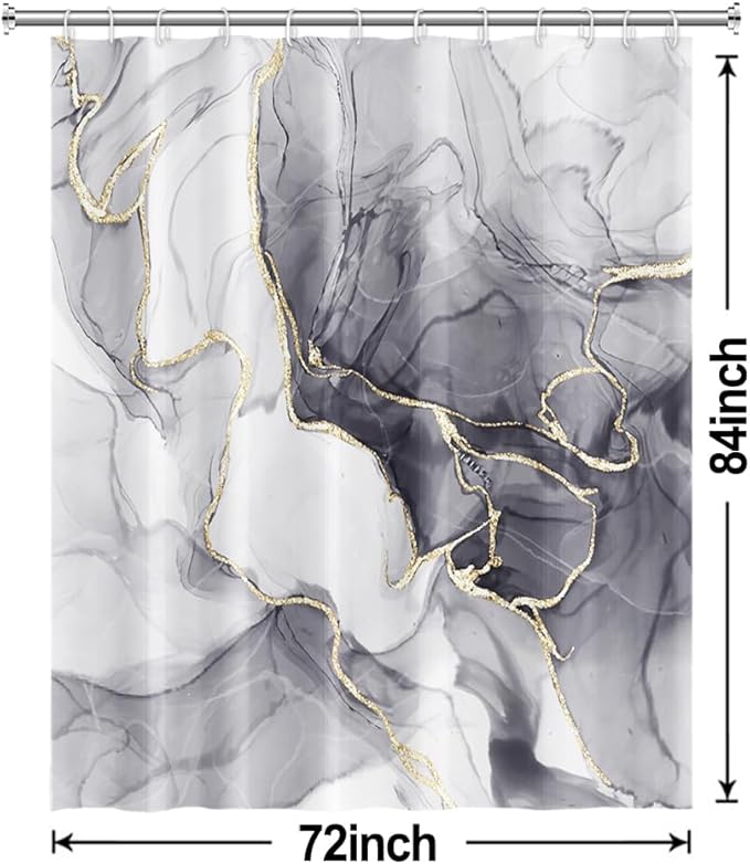 Grey Shower Curtain, Ombre Light Grey Marble Shower Curtain Set Modern Aesthetic Gray Ink Texture Waterproof Bathroom Curtain with Hooks, 72x84 Inch