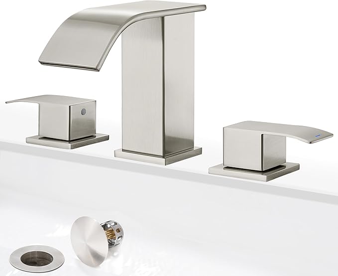 8 Inch Waterfall Bathroom Faucets 3 Hole - Brushed Nickel Widespread Bathroom Faucet with Pop-up Drain, Two Handles Bathroom Sink Faucet, Modern Vanity Sink faucets with Supply Lines