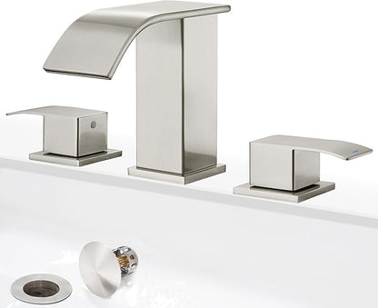 8 Inch Waterfall Bathroom Faucets 3 Hole - Brushed Nickel Widespread Bathroom Faucet with Pop-up Drain, Two Handles Bathroom Sink Faucet, Modern Vanity Sink faucets with Supply Lines
