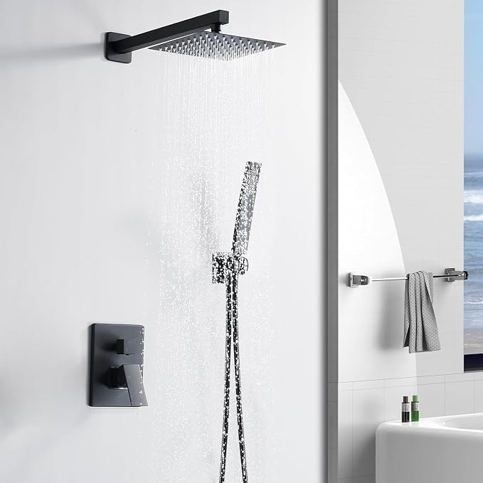 10 Inch Shower Faucet Set, Wall-Mounted Rainfall Shower System with High Pressure Handheld Shower Head, Bathroom Mixer Shower Set Wall Mounted Rough-in Valve and Trim Kit, Matte Black