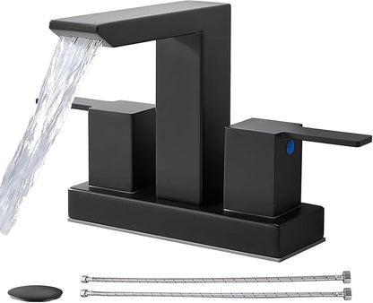 IKEBANA Matte Black Waterfall Bathroom Faucet, 4 inch 2 Handle 304 Stainless Steel Bathroom Sink Faucet, Modern Waterfall Spout Lead-Free Sink Faucets with Pop-up Drain and Supply Hoses